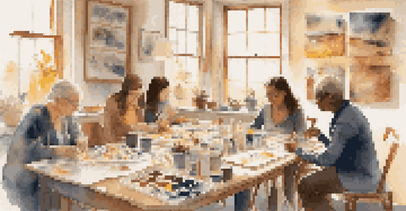 An art therapy session with participants creating art in a cozy room filled with supplies, illuminated by warm sunlight.