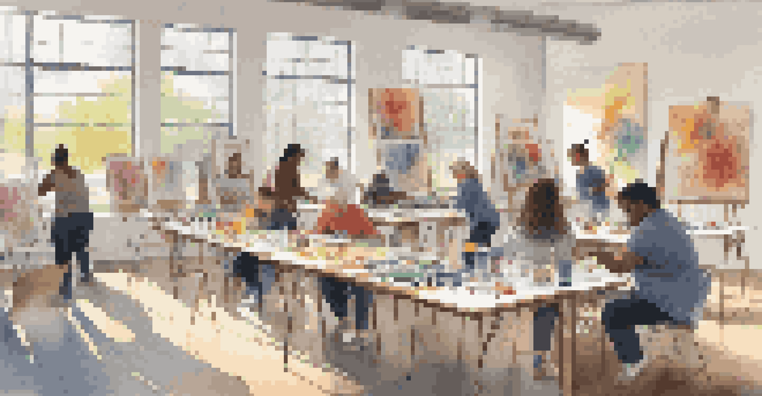 A community art workshop with diverse individuals painting on canvases in a bright room filled with art supplies.