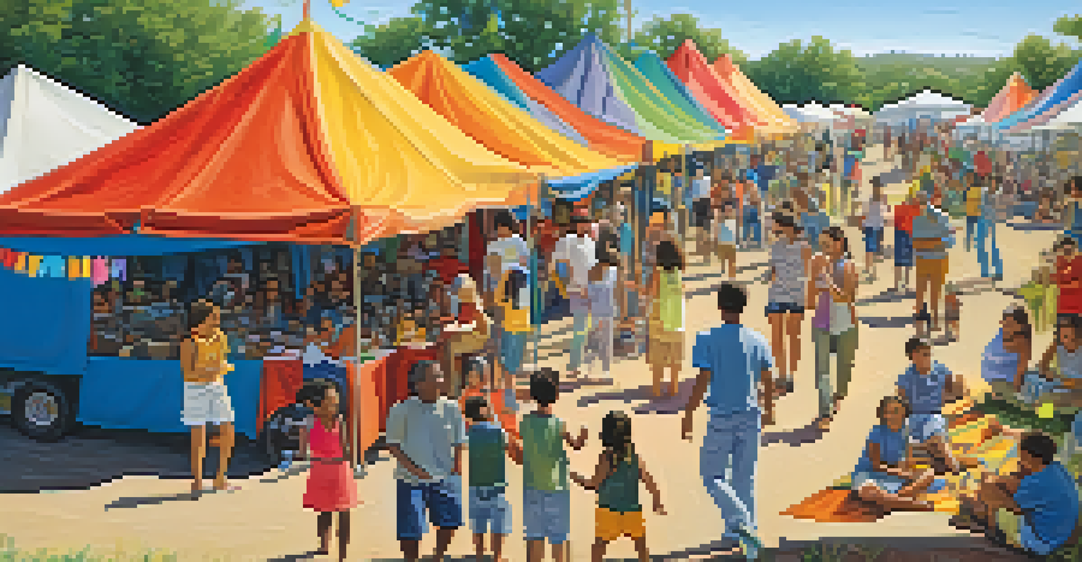 A lively outdoor community art event with diverse participants creating art together under colorful tents, promoting collaboration and joy.