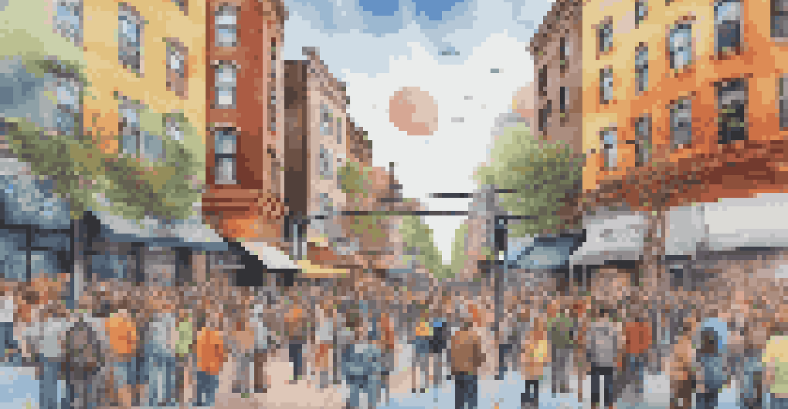 A vibrant street mural depicting a cityscape, enhanced with augmented reality features that animate when viewed through a smartphone, with onlookers engaged.