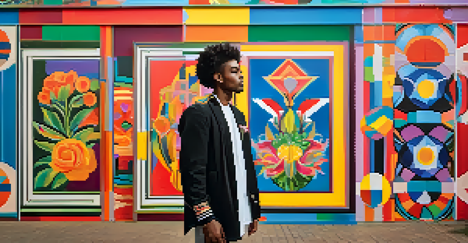 A confident person in front of a colorful mural representing various gender identities.