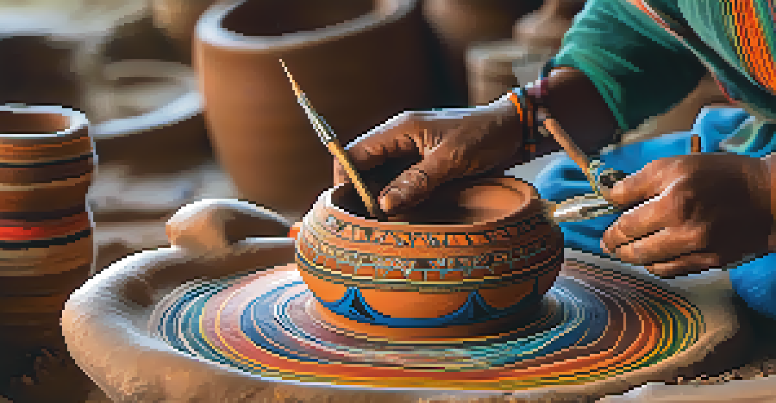 An Indigenous artist shaping pottery with intricate patterns in a sunlit studio, surrounded by tools and pigments.