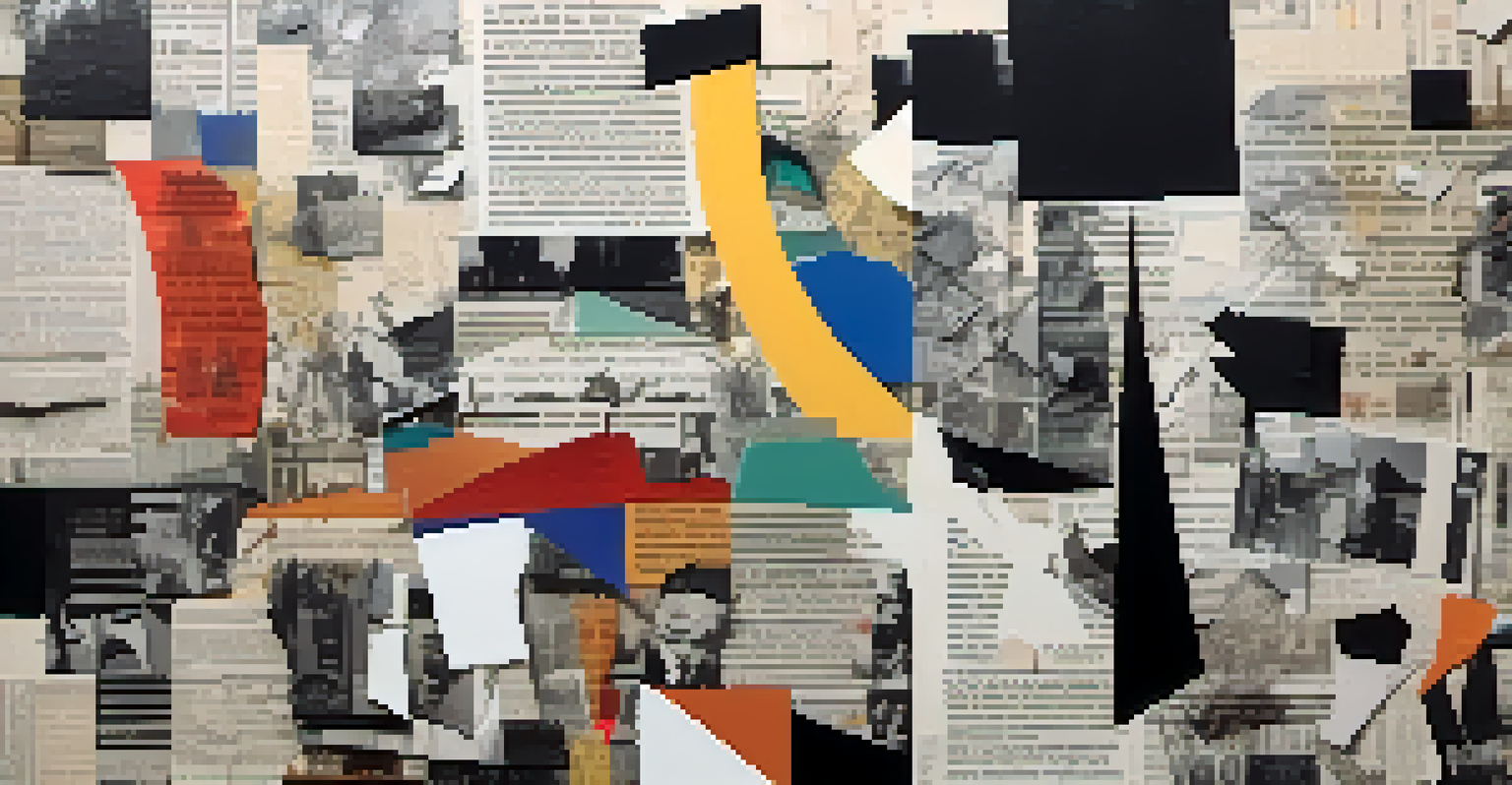 An abstract mixed media collage blending black and white photographs with colorful shapes and newspaper clippings, evoking fragmented memories.