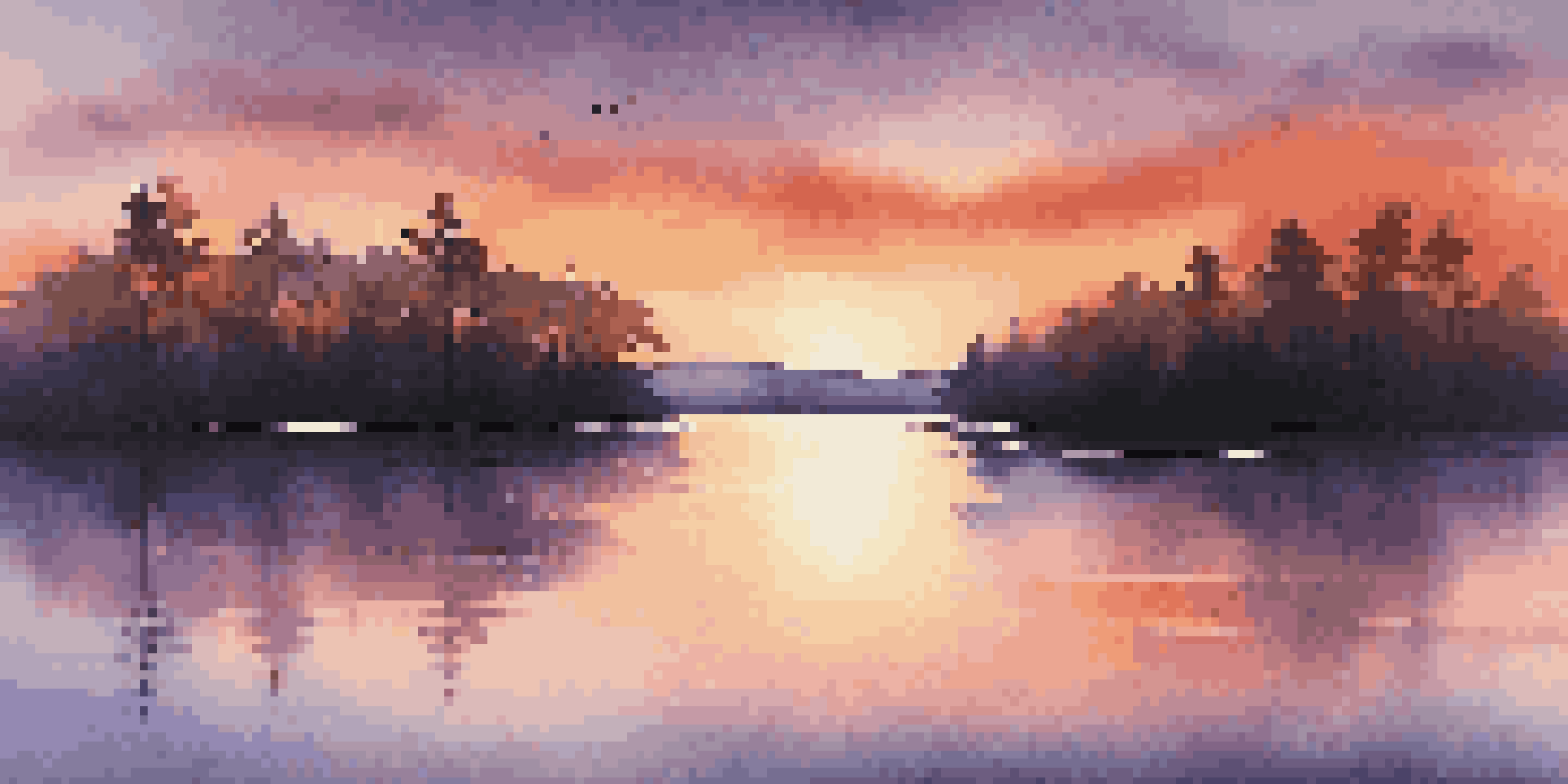A beautiful sunset over a calm lake, with colorful reflections in the water and silhouetted trees.