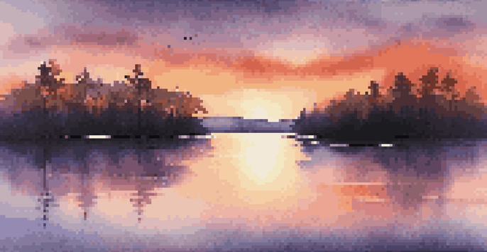 A beautiful sunset over a calm lake, with colorful reflections in the water and silhouetted trees.