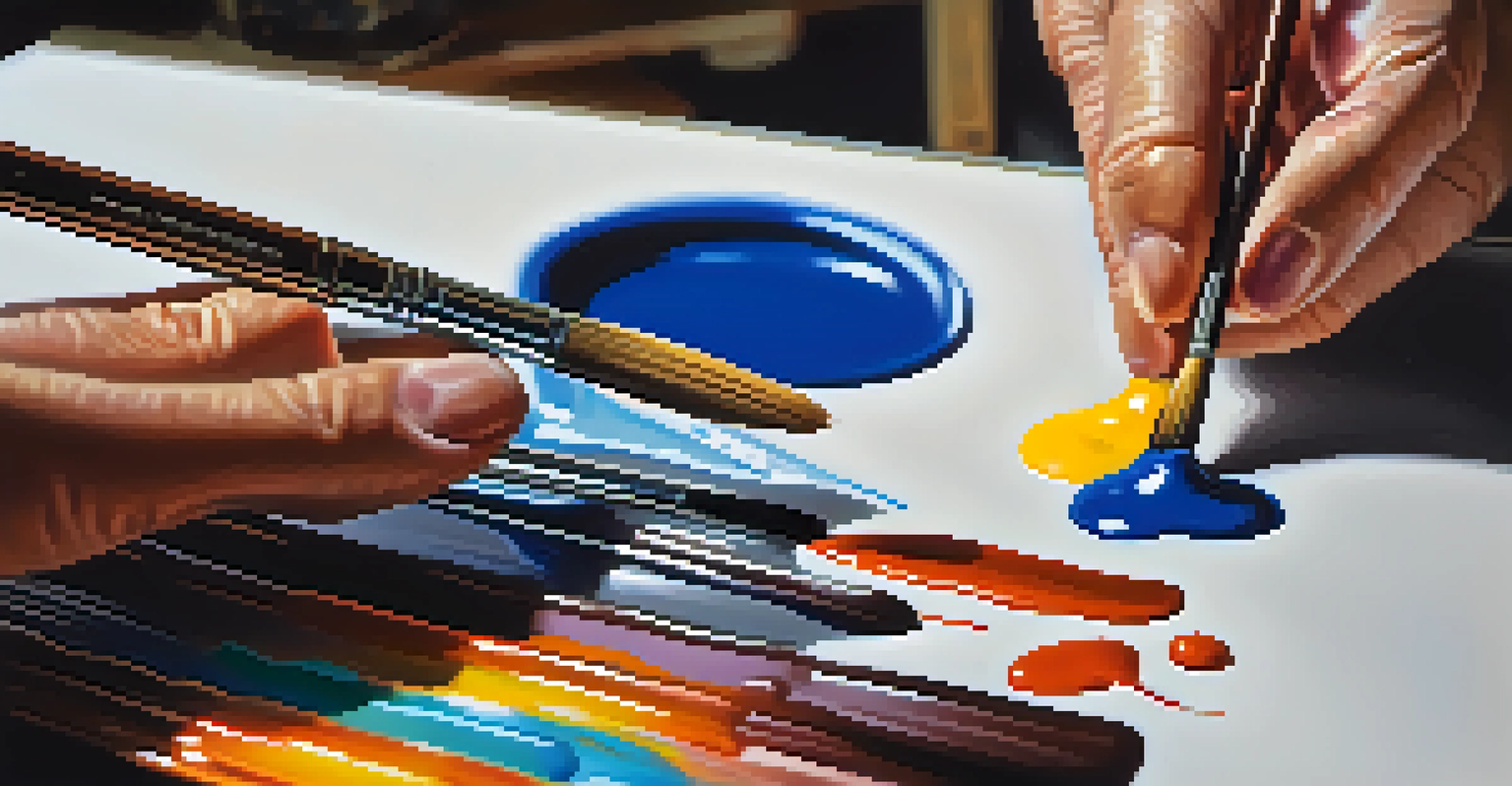 A close-up of a painter's hand applying colorful paint to a canvas, highlighting brushstrokes and textures.