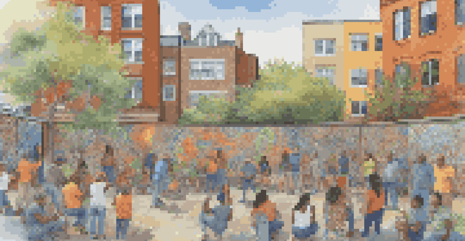 An artist painting a mural with residents discussing ideas, surrounded by bright colors and natural light.