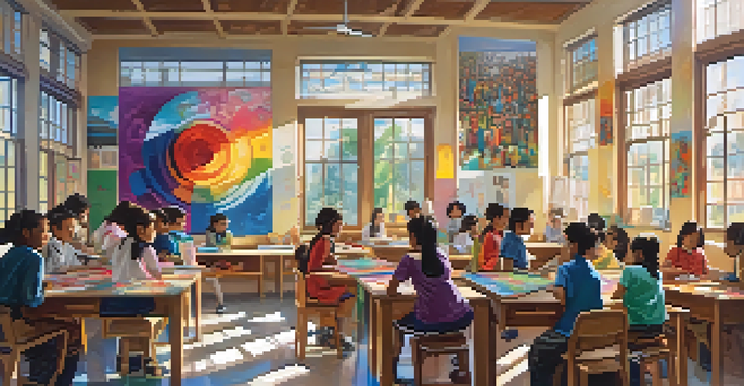 A lively classroom with students of different backgrounds participating in art activities, surrounded by colorful artwork and bright natural light.