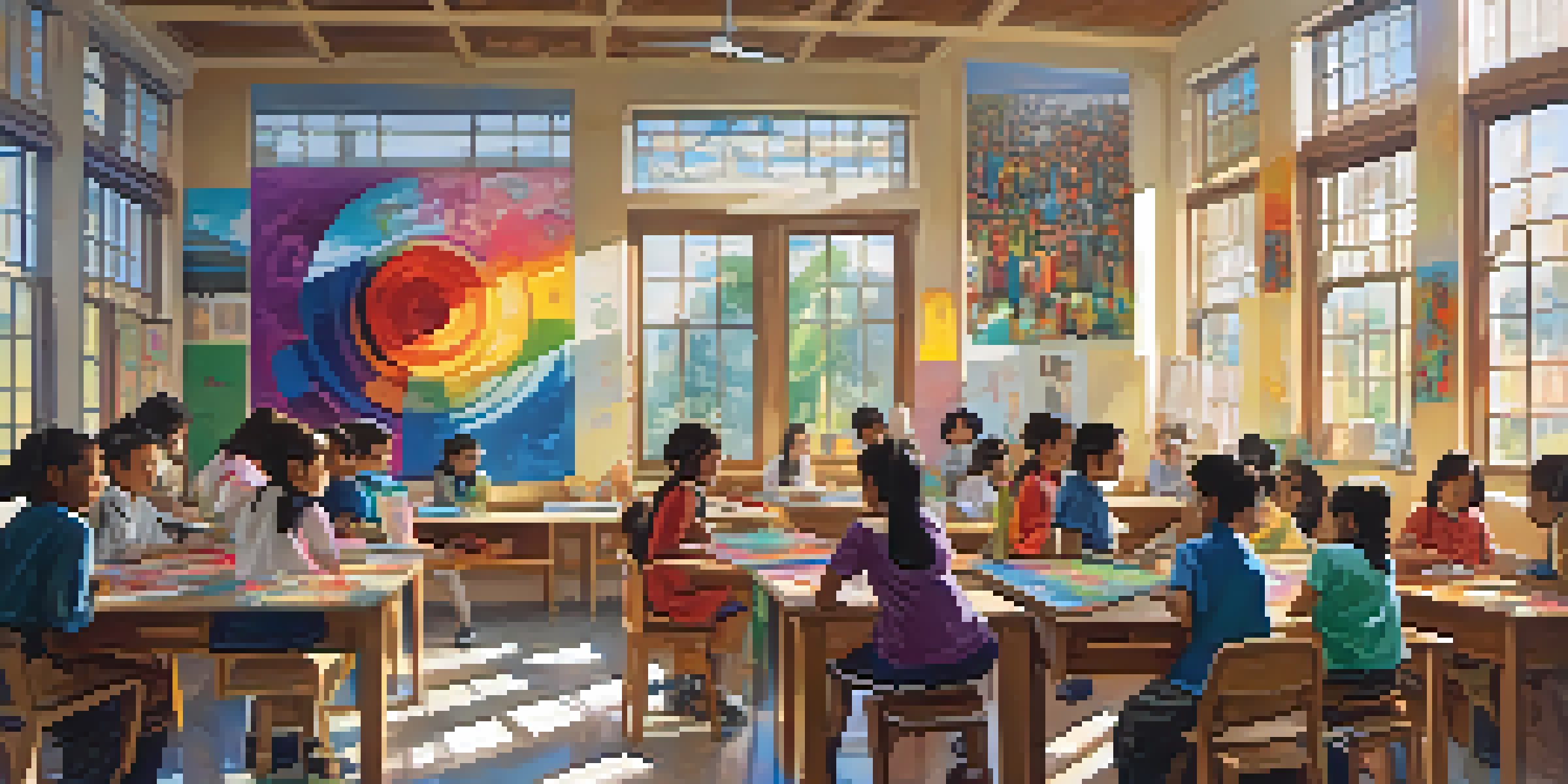 A lively classroom with students of different backgrounds participating in art activities, surrounded by colorful artwork and bright natural light.