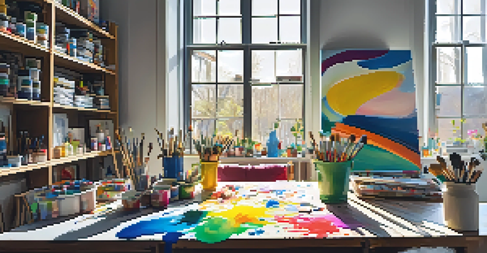 An artist's studio filled with colorful paint splashes and tools, with a whimsical abstract painting on the canvas and sunlight streaming in through the window.