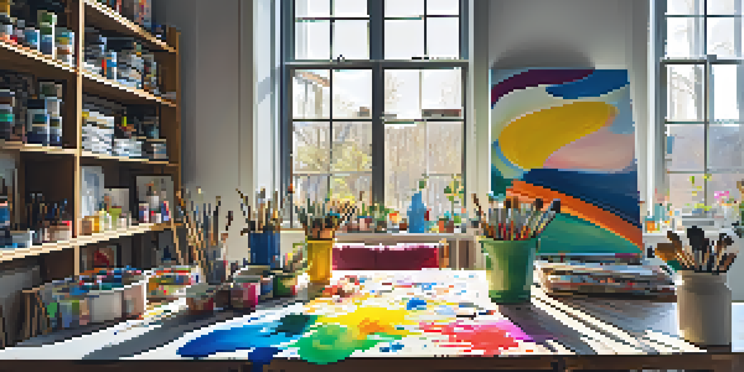 An artist's studio filled with colorful paint splashes and tools, with a whimsical abstract painting on the canvas and sunlight streaming in through the window.