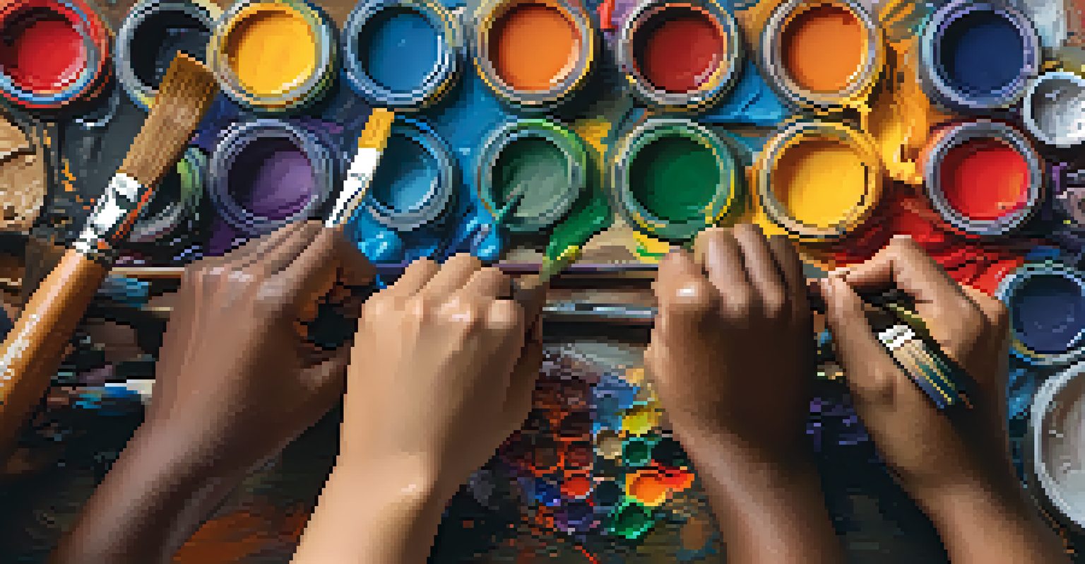 Close-up of diverse hands collaborating on an art project with paint brushes and vibrant colors.