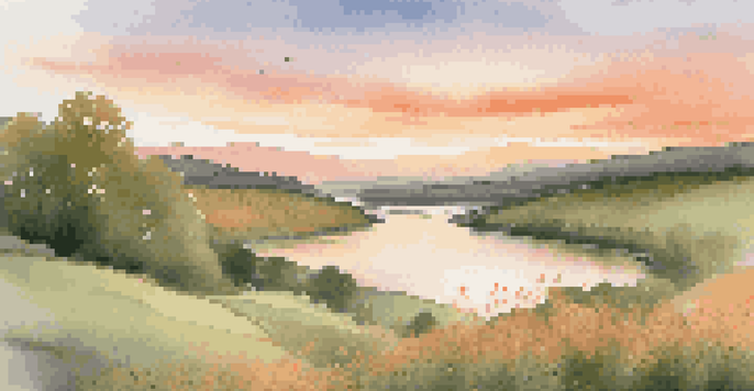 A peaceful digital painting of a green landscape with a river, rolling hills, and a colorful sky at sunset.