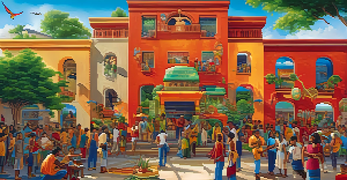 A colorful community mural depicting various cultural symbols with people collaborating in front of it, bathed in warm sunlight.