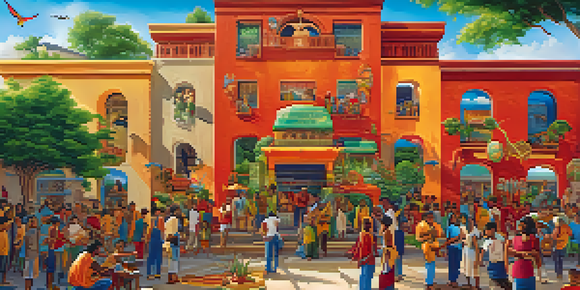 A colorful community mural depicting various cultural symbols with people collaborating in front of it, bathed in warm sunlight.