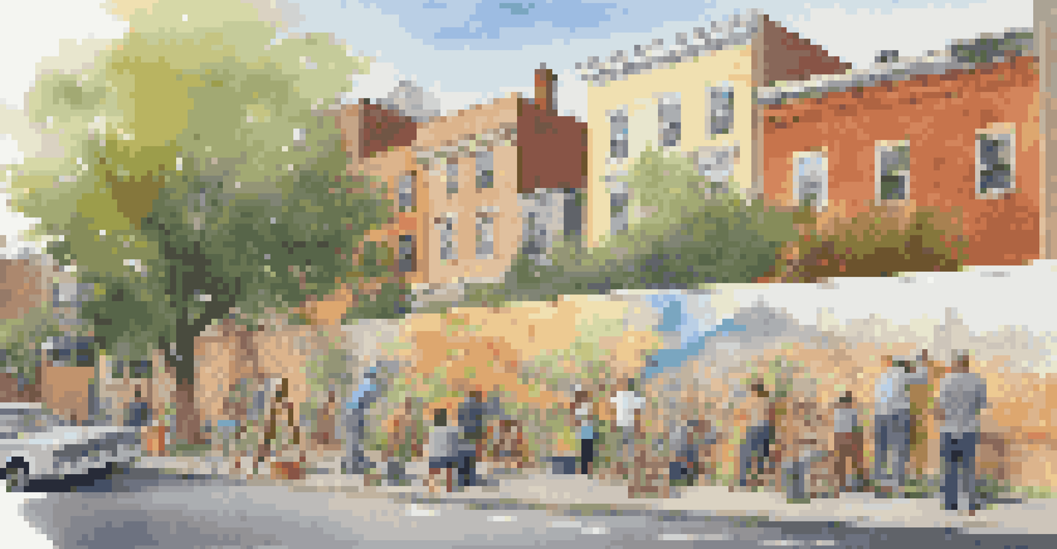 Artists from diverse backgrounds collaborate on a vibrant outdoor mural, with onlookers admiring their work. The scene is set against a backdrop of neighborhood buildings and greenery.
