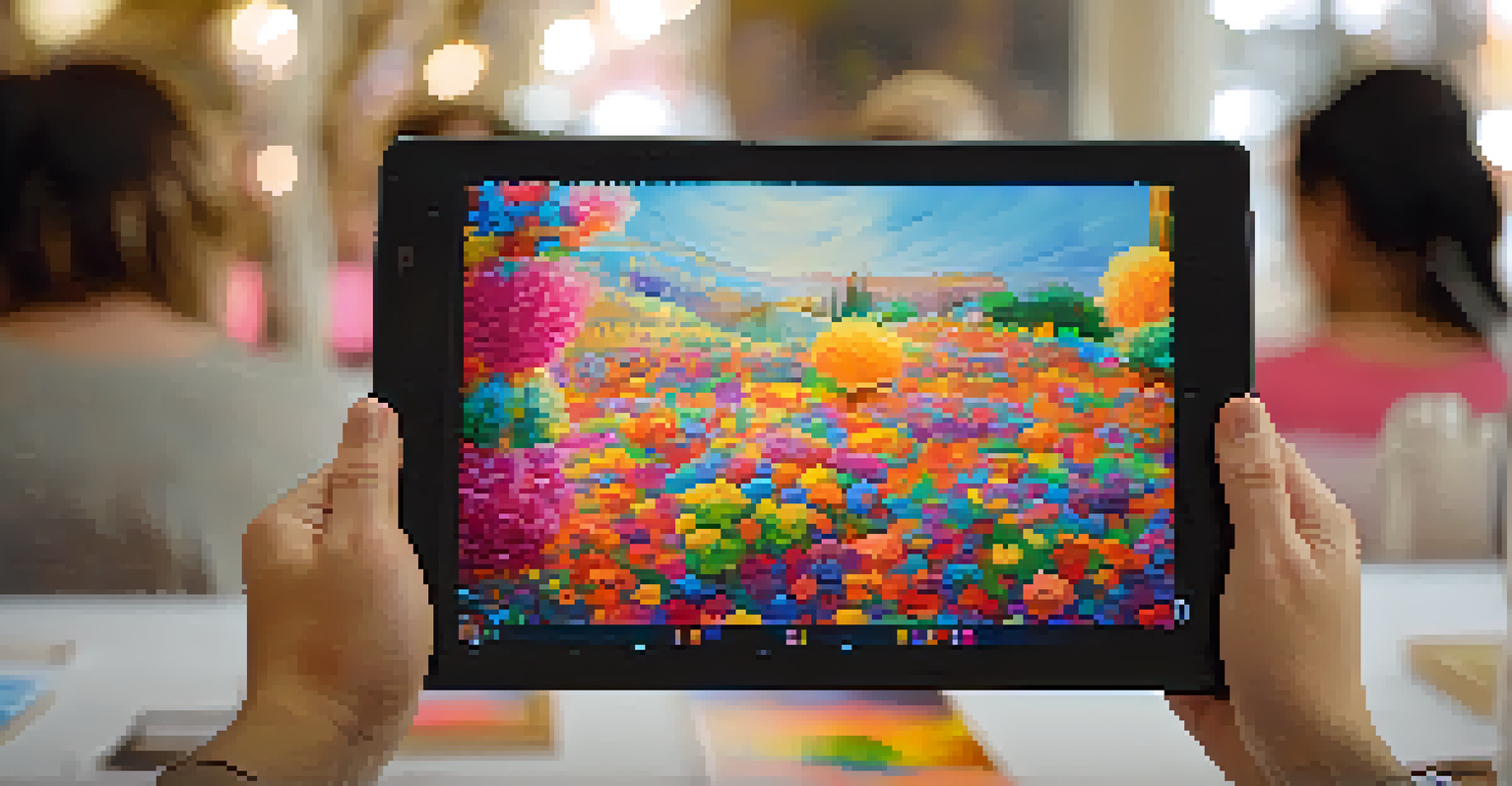 Close-up of a digital tablet showing an art piece during an online auction, with a hand ready to place a bid.