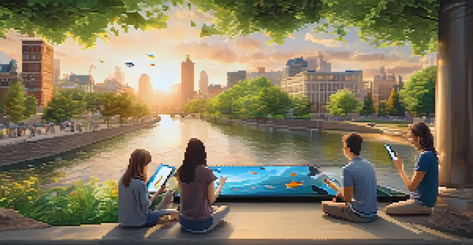 An interactive digital mural of a river with animated elements, surrounded by a park, illuminated by warm golden hour light, with people using smartphones to engage with it.