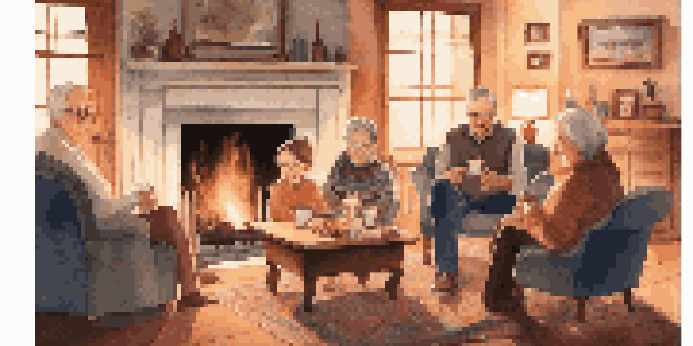 A family gathered around a fireplace, sharing stories with warm expressions, illuminated by firelight.