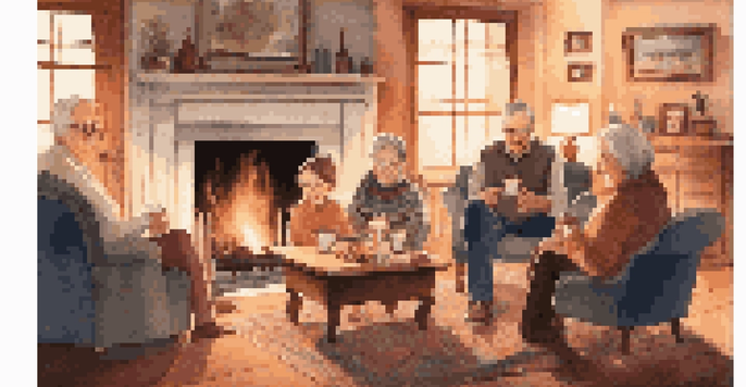 A family gathered around a fireplace, sharing stories with warm expressions, illuminated by firelight.