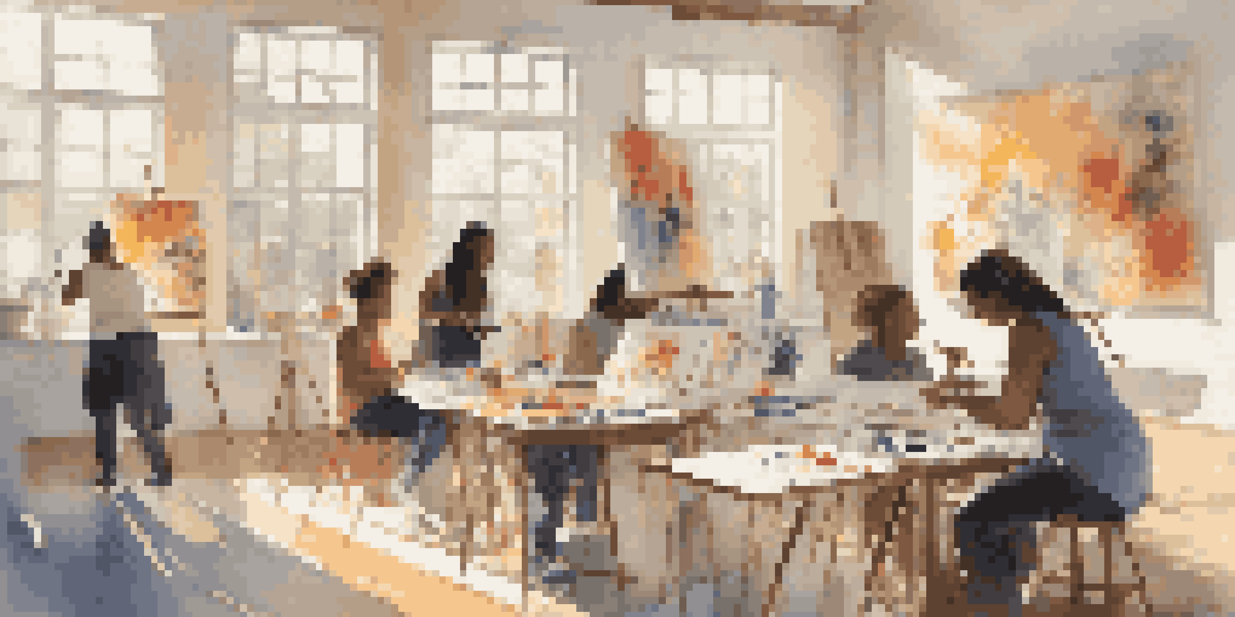A bright and welcoming art therapy session with people painting on canvases in a sunlit room, surrounded by colorful artwork.