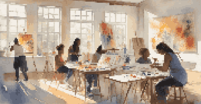 A bright and welcoming art therapy session with people painting on canvases in a sunlit room, surrounded by colorful artwork.