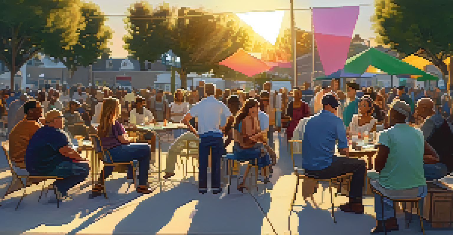 A community meeting with diverse residents discussing public art, surrounded by colorful banners and sketches.