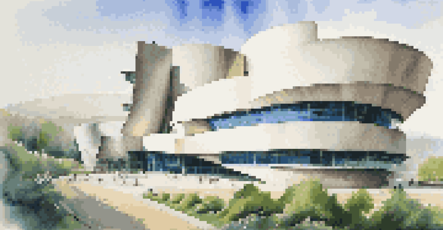 The Guggenheim Museum in Bilbao, showcasing its unique architecture amidst a peaceful landscape with blue skies.