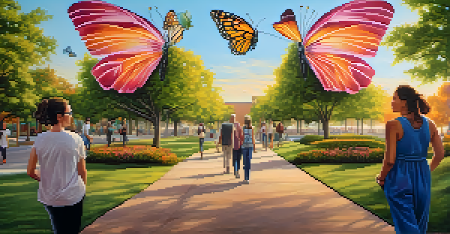 A mural illustrating the journey of a cancer survivor, featuring colorful butterflies and flowers, with people gathering in a park.