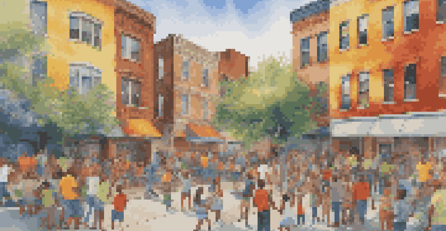 A colorful community mural in an urban alley, with people gathering around and children playing nearby.