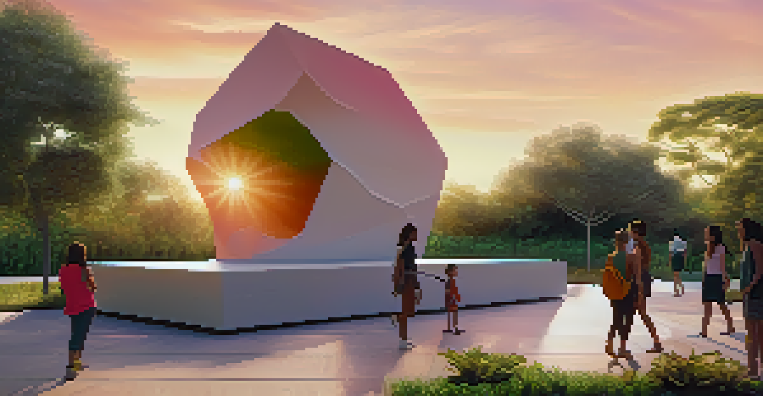 An abstract outdoor sculpture made from eco-friendly materials, surrounded by greenery and people interacting with it during sunset.