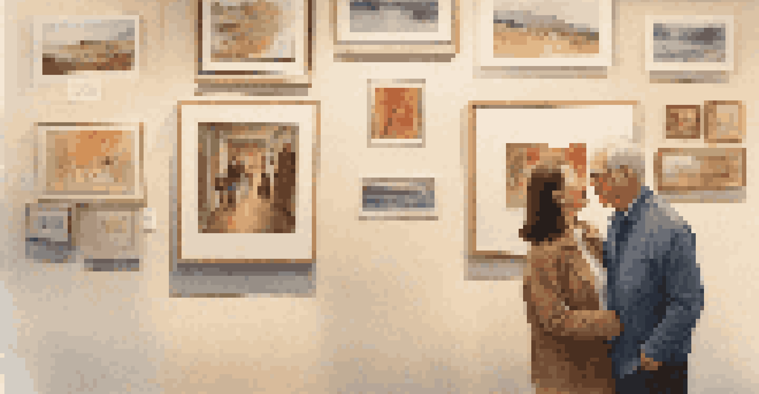 A couple admiring photographs of their relationship in an art gallery, showcasing moments of love and connection.