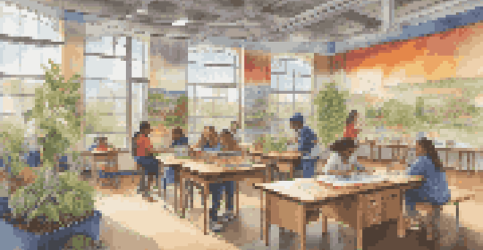 A bright classroom filled with natural light, decorated with colorful murals and plants, where students are working together on projects.