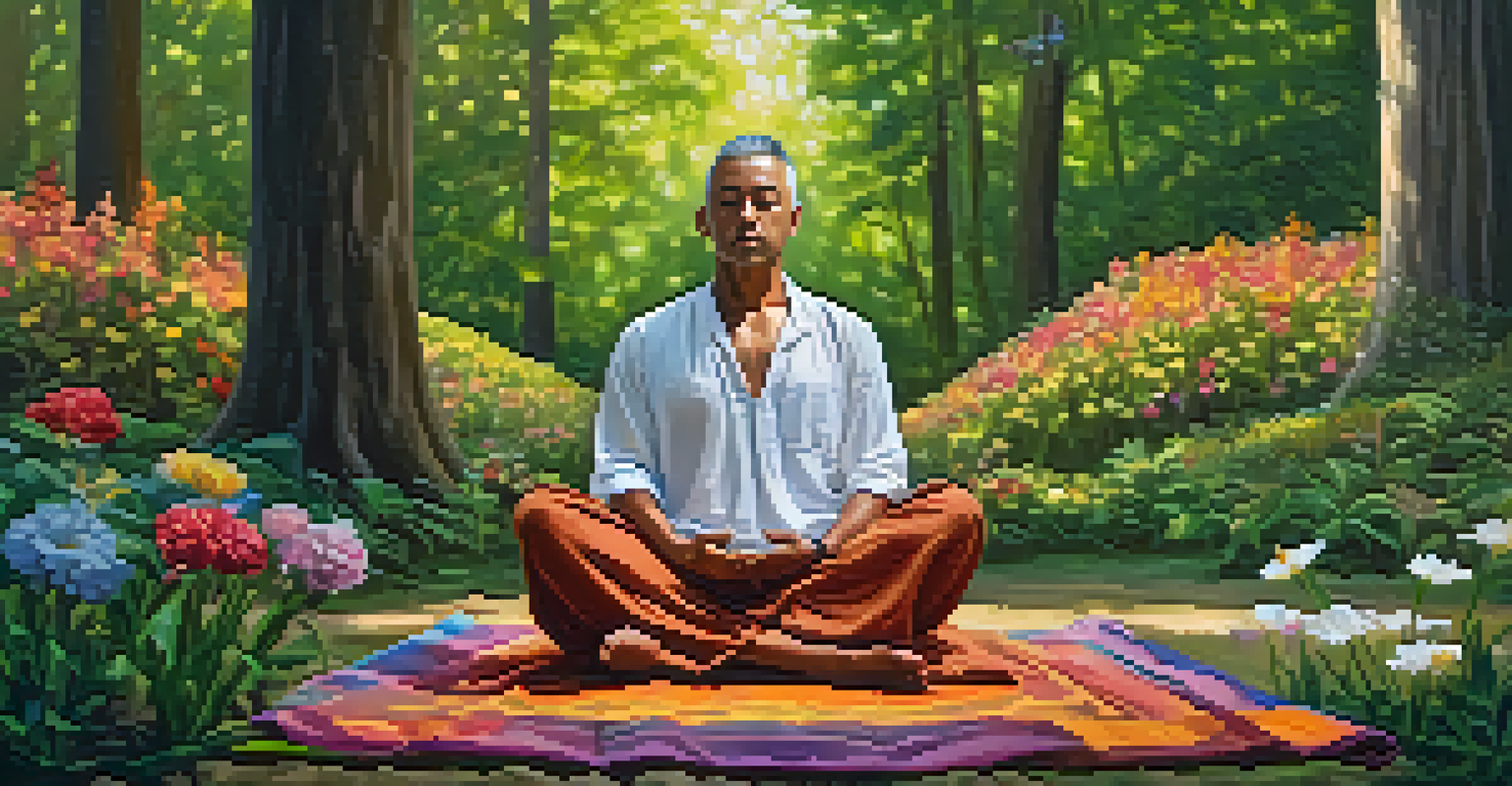 An artist meditating outdoors in a serene landscape with trees and flowers, preparing to create art.