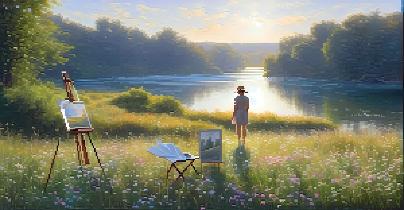An artist painting in a sunlit meadow, capturing blooming flowers and a river, with soft pastel colors.