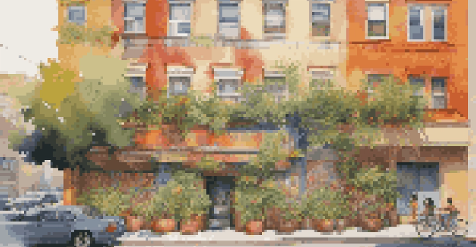 A colorful mural on an apartment building, surrounded by greenery and illuminated by warm sunlight.