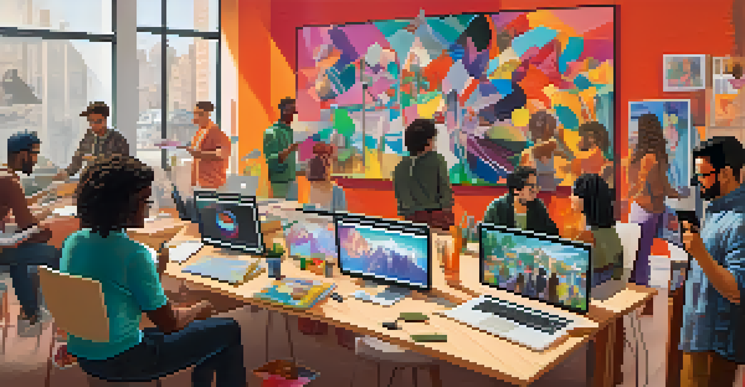 A group of diverse artists collaborating in a virtual workspace, with colorful artwork and creative tools around them, showcasing a lively discussion.