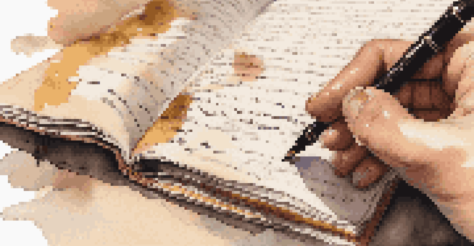 A hand writing in a journal with a fountain pen, surrounded by crumpled papers, in a warm ambiance.
