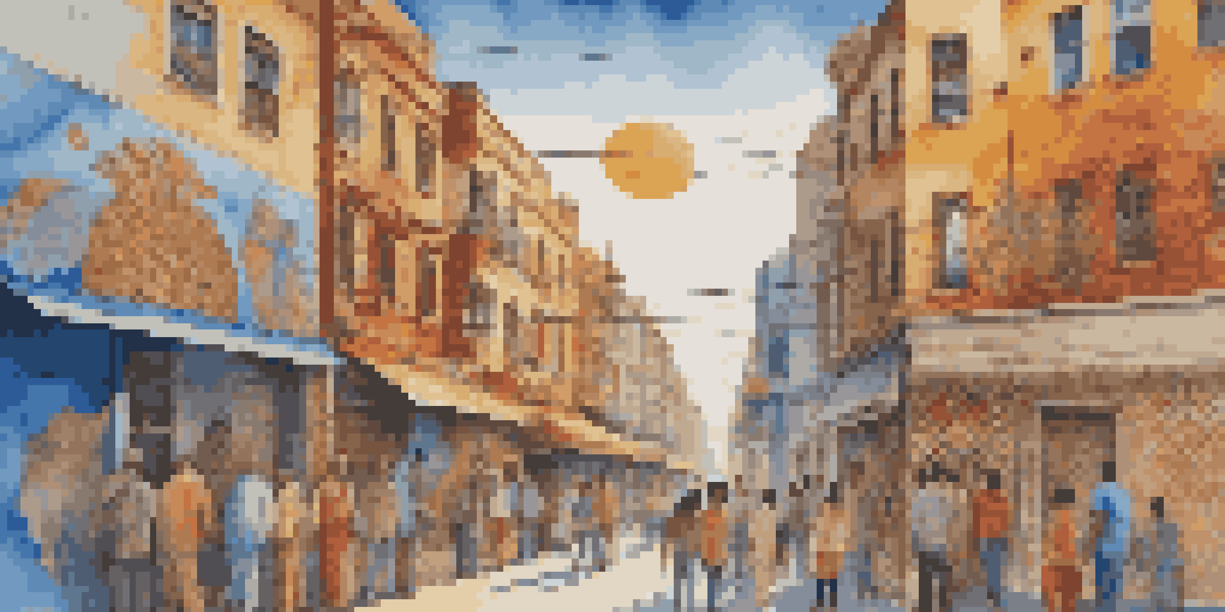 A colorful street mural showcasing diverse cultures with people admiring it under a blue sky.