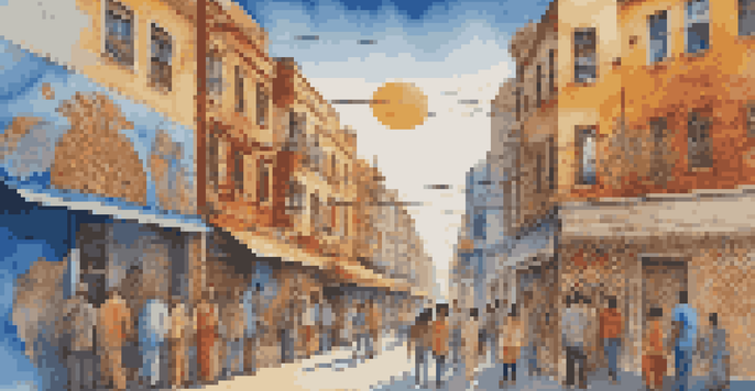 A colorful street mural showcasing diverse cultures with people admiring it under a blue sky.