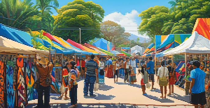 An outdoor art market with Indigenous artists showcasing colorful artwork, surrounded by visitors and lush greenery under a clear blue sky.