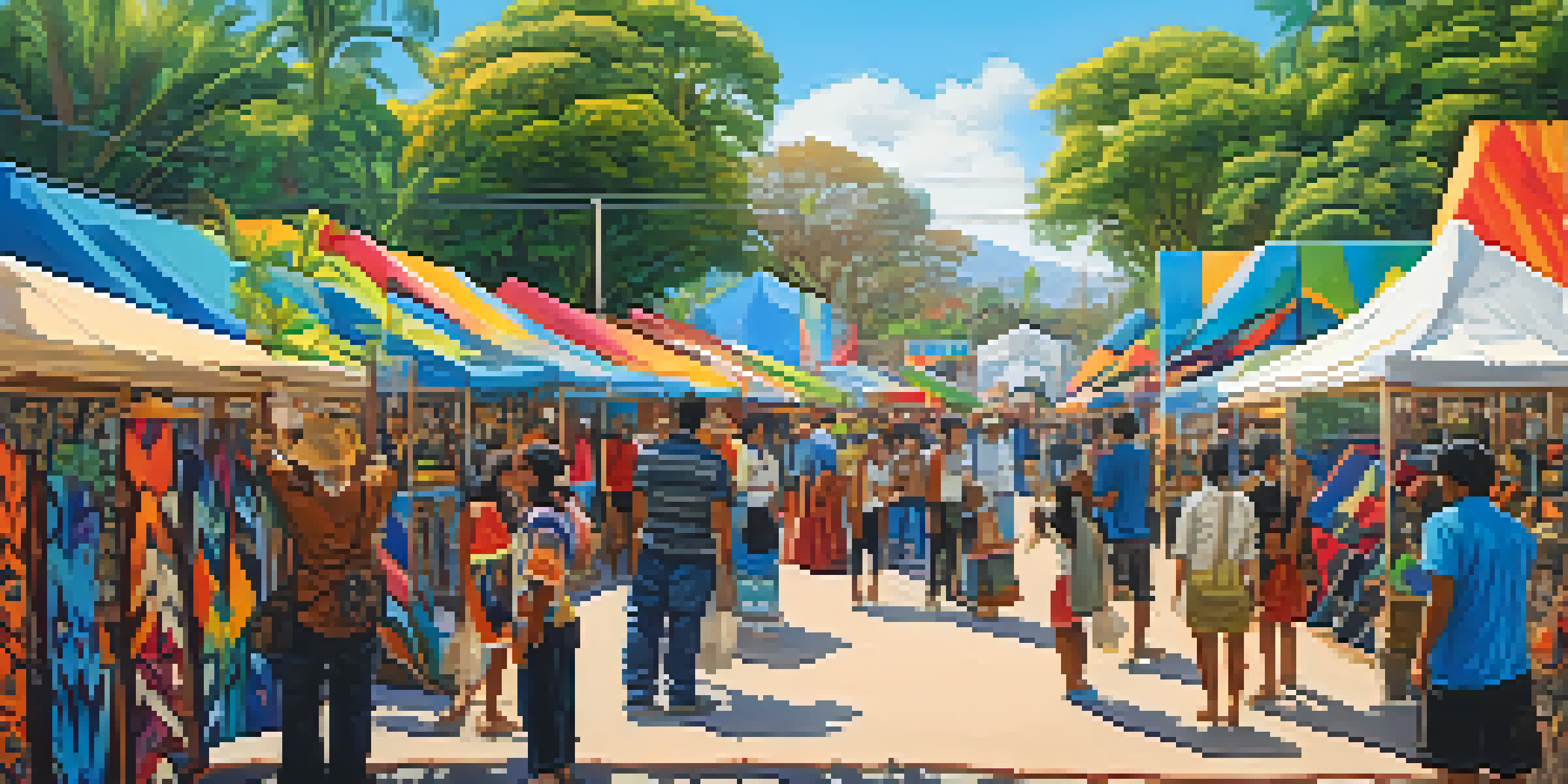 An outdoor art market with Indigenous artists showcasing colorful artwork, surrounded by visitors and lush greenery under a clear blue sky.