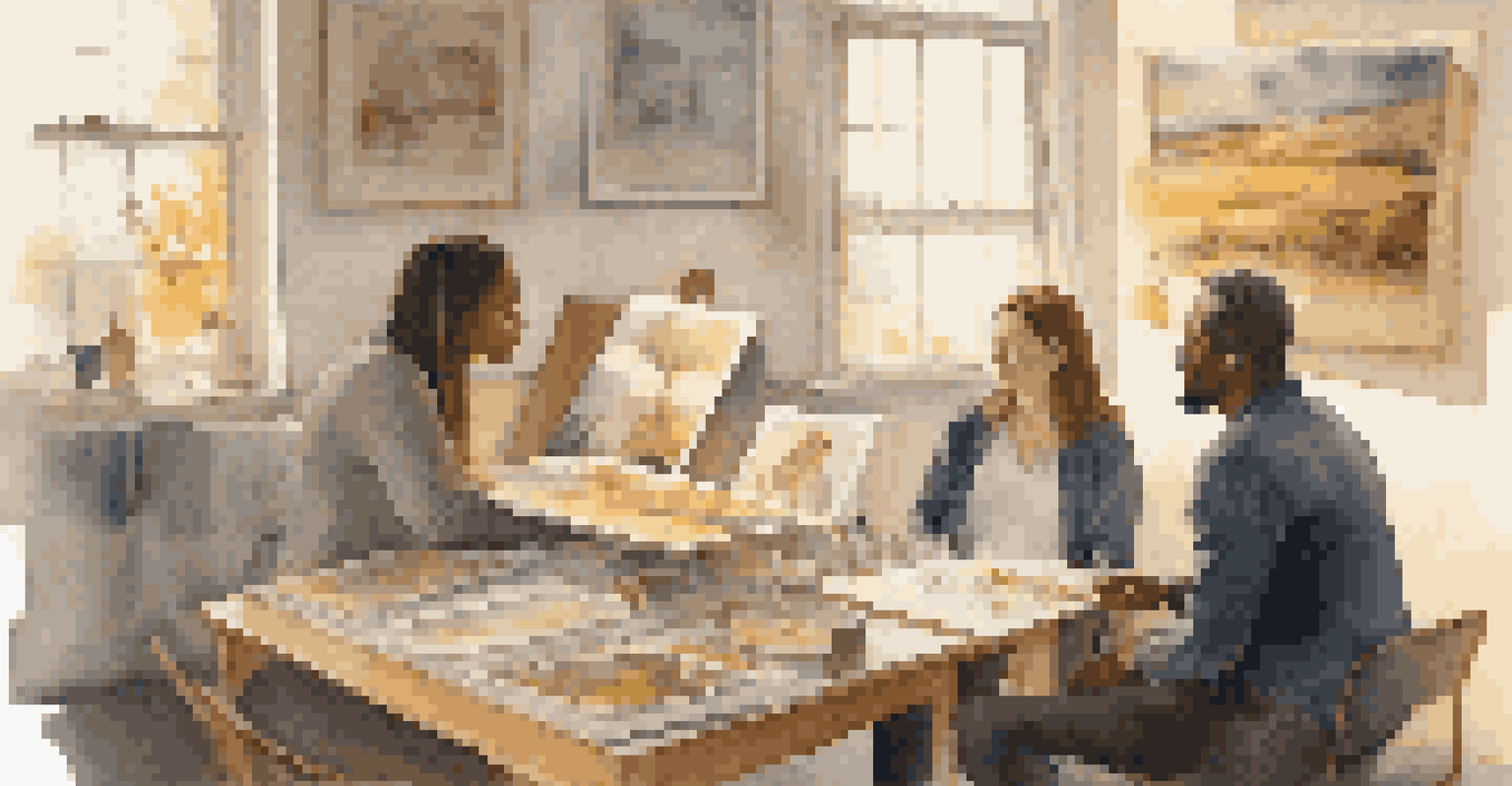 Two artists engaged in a feedback session in a cozy studio, one pointing to a painting while the other listens, surrounded by art on the walls.