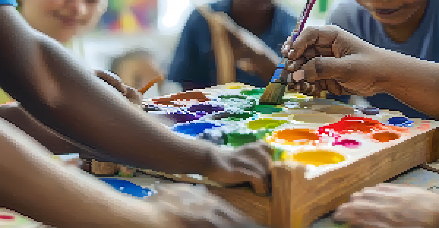 Close-up of diverse hands painting a wooden sculpture, with colorful paints and art supplies visible.