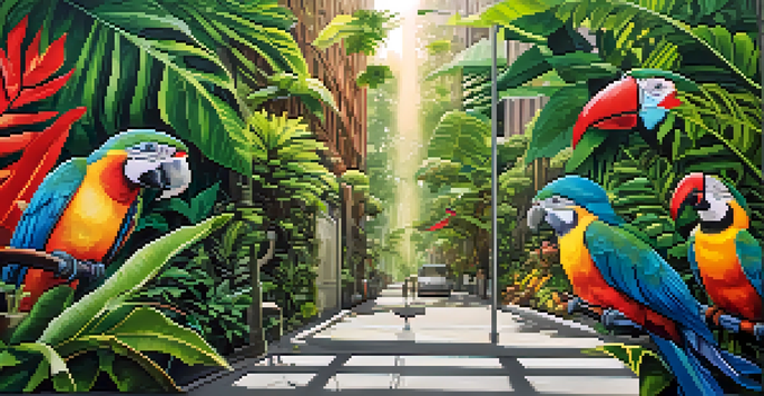 A large, colorful mural of a rainforest with birds and plants on an urban wall, illuminated by sunlight.