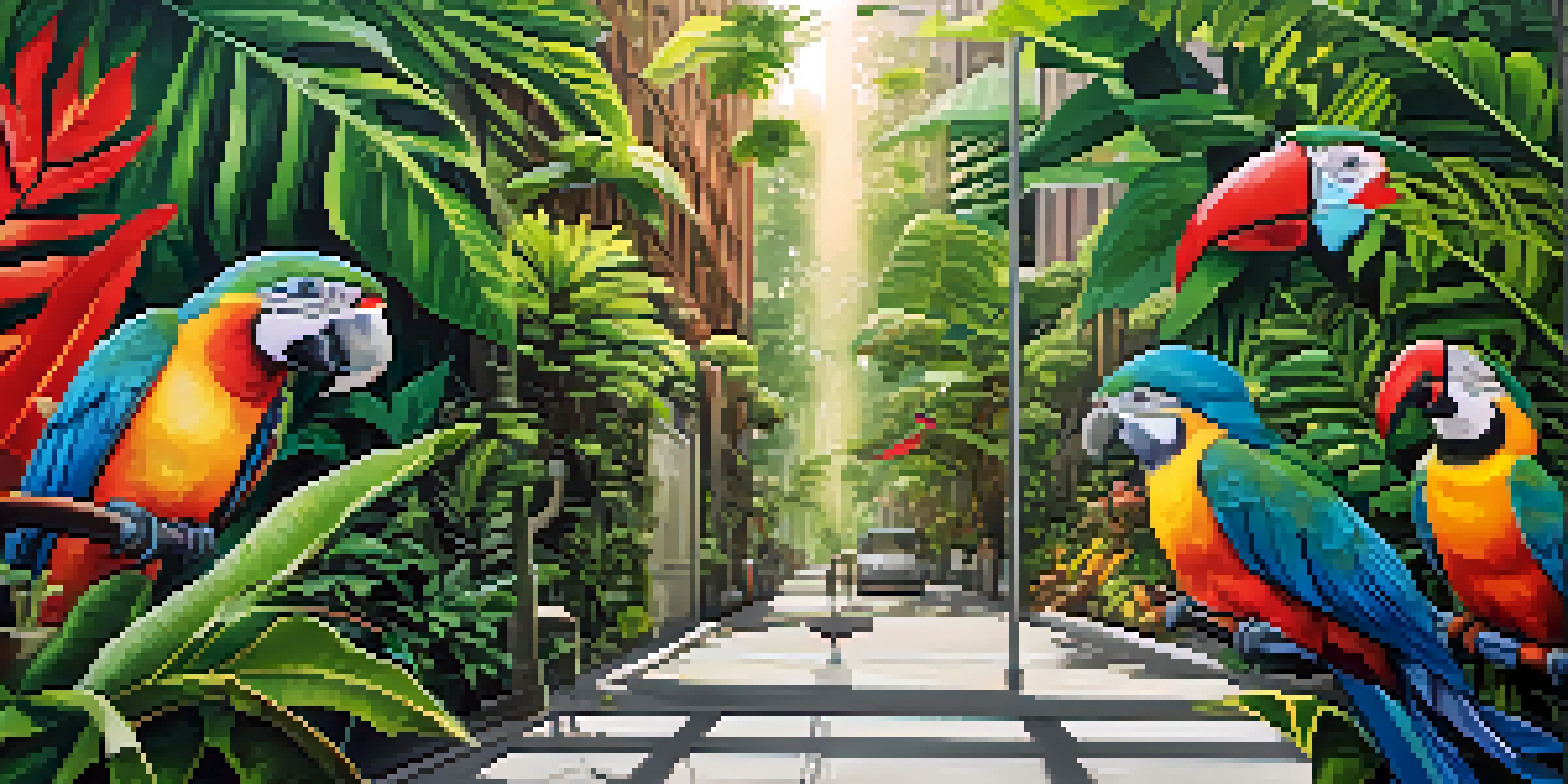 A large, colorful mural of a rainforest with birds and plants on an urban wall, illuminated by sunlight.