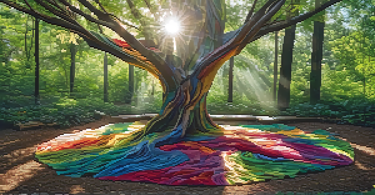 An eco-art installation in a forest, featuring a large tree sculpture made from recycled materials and colorful fabric. Sunlight filters through the leaves, enhancing the natural beauty of the scene.