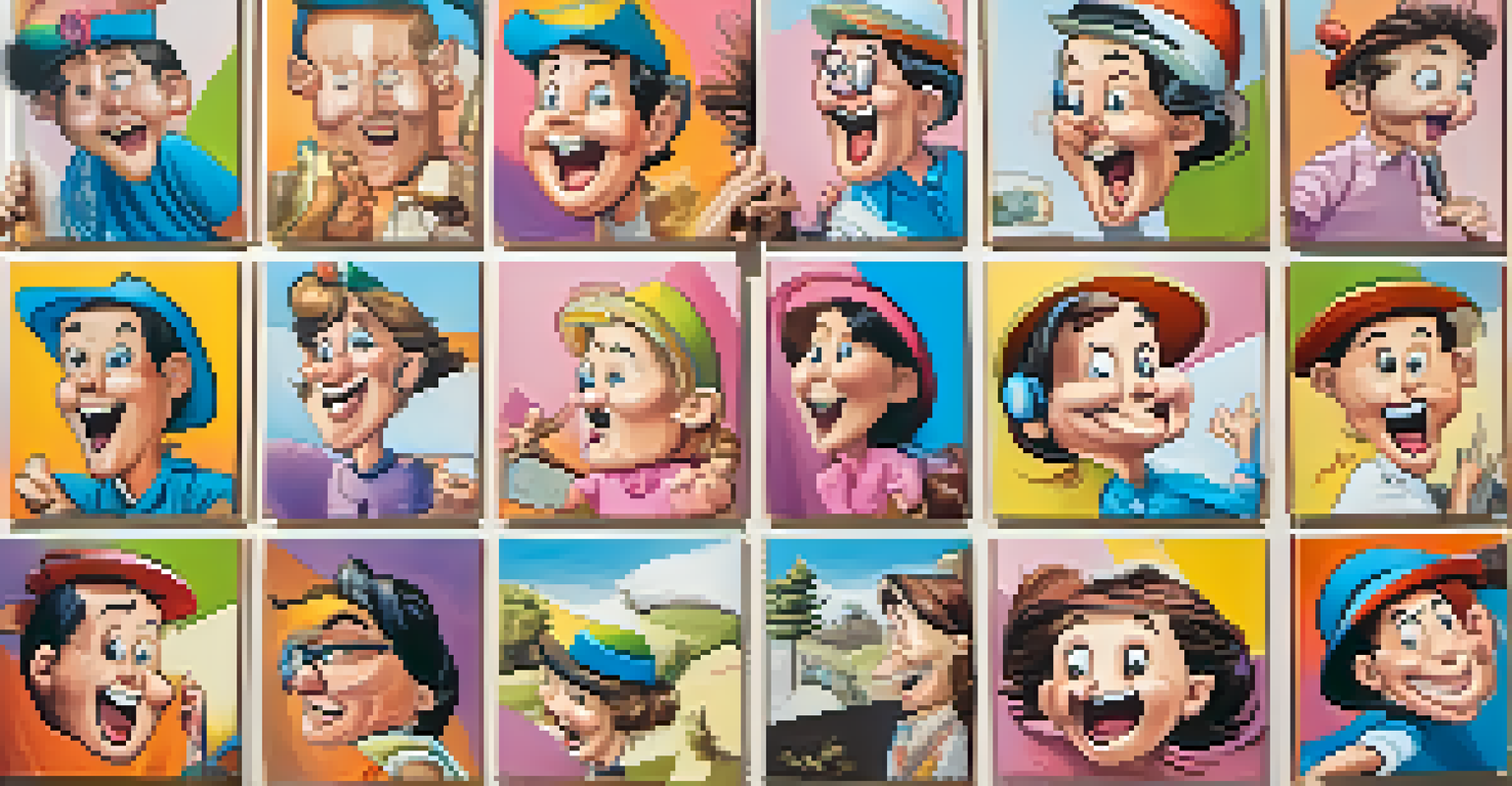 A colorful comic strip with exaggerated characters illustrating humor and emotions.