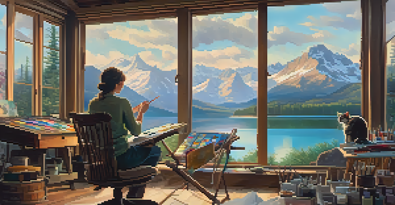 An artist painting a scenic landscape in a cozy studio, with natural light illuminating the workspace and a cat resting nearby.