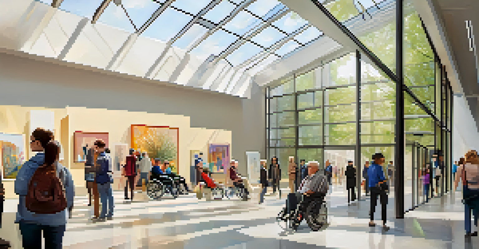 A contemporary art institution with wheelchair ramps and sensory-friendly spaces, showcasing diverse visitors interacting with art in a bright and inviting environment.